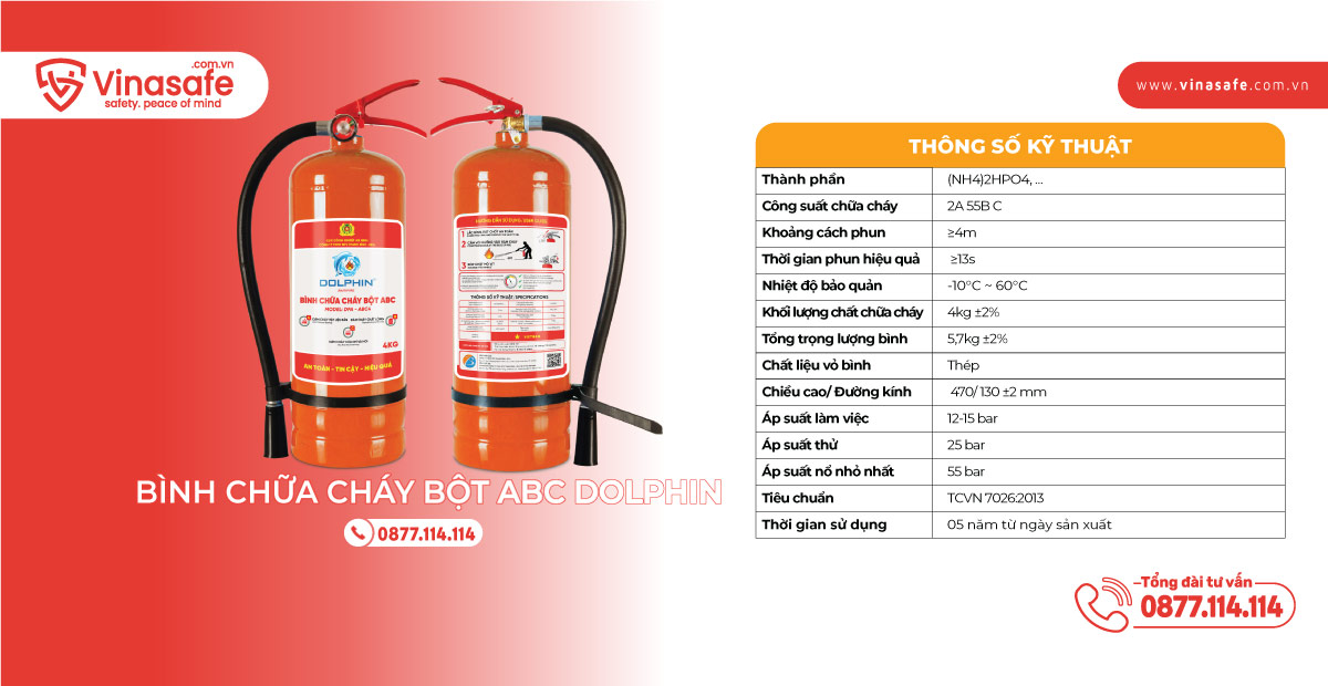 Thông số kỹ thuật bình chữa cháy bột ABC Dolphin DPA-ABC4 - Có tem kiểm định