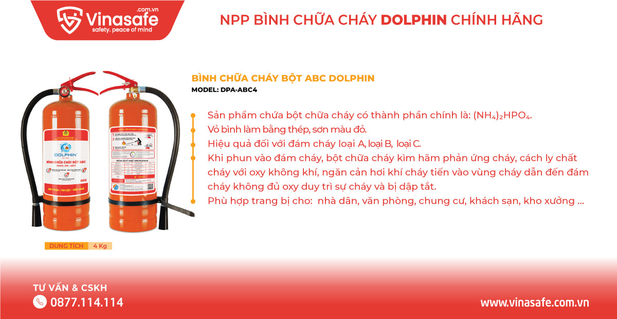 Bình chữa cháy bột ABC Dolphin DPA-ABC4 (4kg) chính hãng có Tem kiểm định