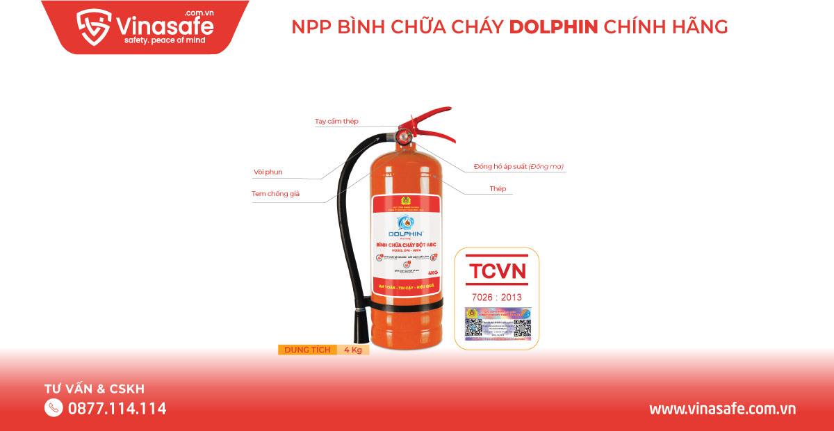 Cấu tạo bình chữa cháy bột ABC Dolphin DPA-ABC4 - Có tem kiểm định