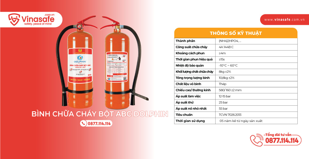 Thông số kỹ thuật bình chữa cháy bột ABC Dolphin DPA-ABC8 - Có tem kiểm định