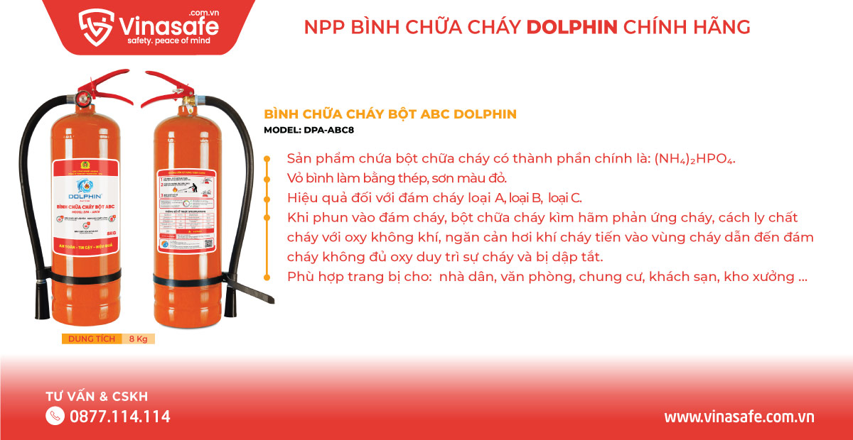 Bình chữa cháy bột ABC Dolphin DPA-ABC8 (8kg) chính hãng có Tem kiểm định