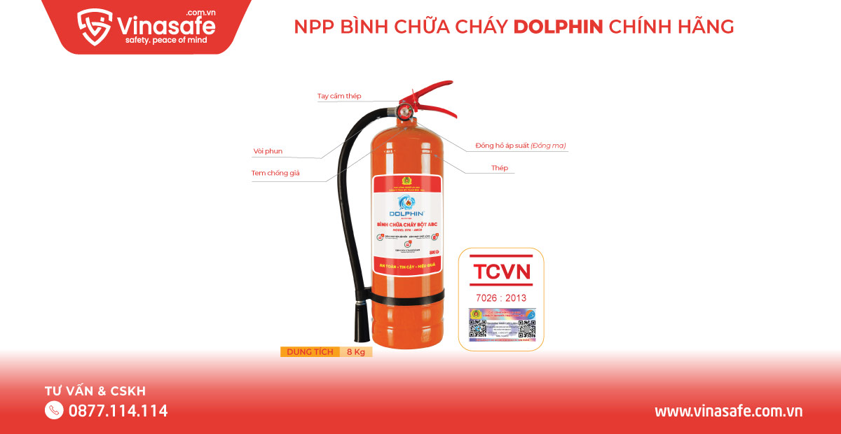 Cấu tạo bình chữa cháy bột ABC Dolphin DPA-ABC8 - Có tem kiểm định