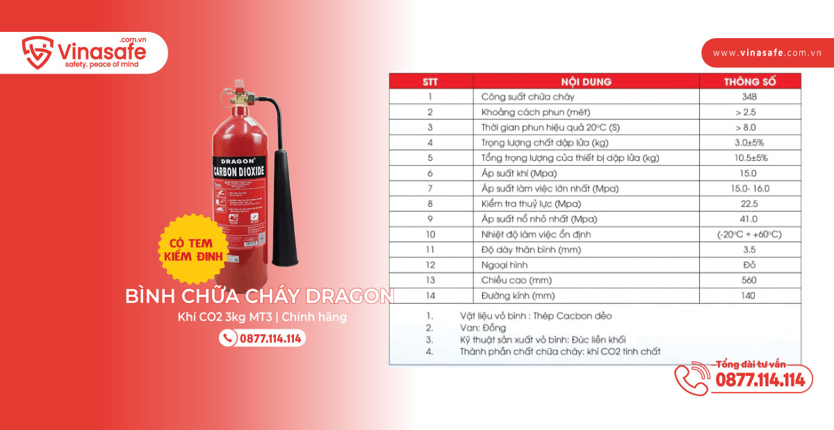Bình chữa cháy CO2 3kg Dragon thông số kỹ thuật