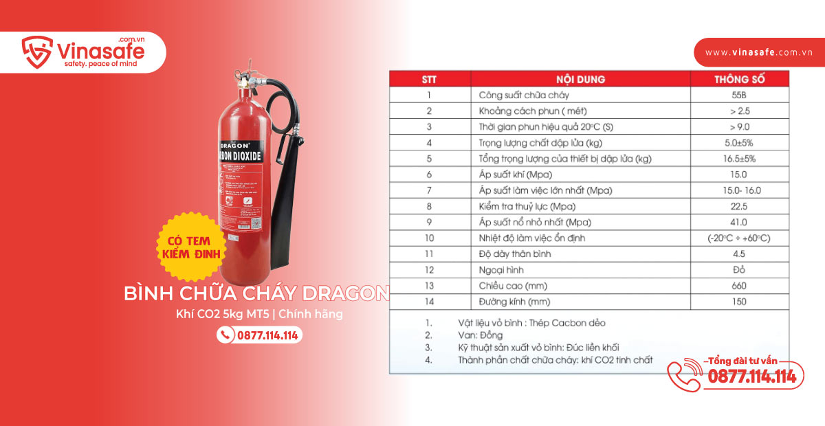 Thông số kỹ thuật của bình cứu hoả CO2 Dragon MT5