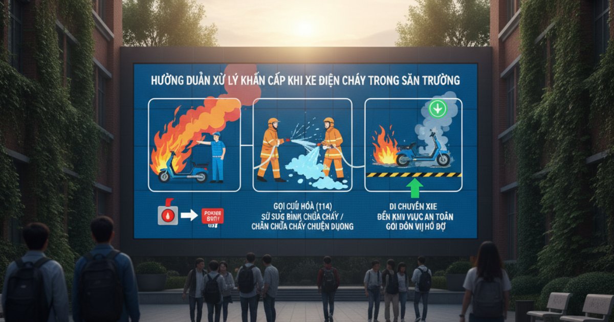 Hướng dẫn xử lý khẩn cấp khi xe điện cháy trong sân trường
